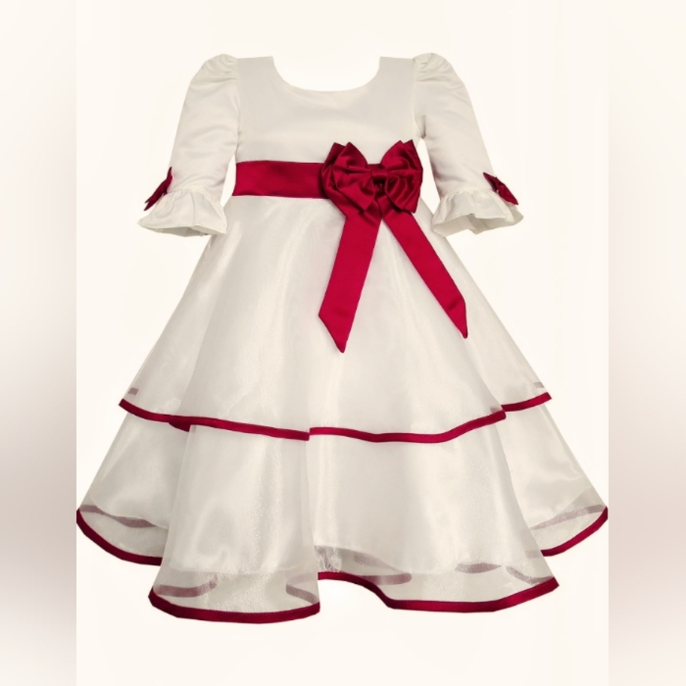 Elegant White Gown with Red Satin Bow & Trim Sz 5